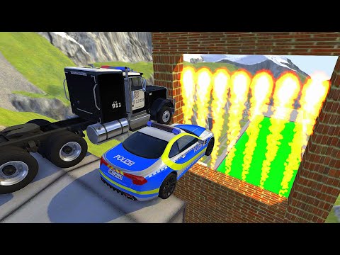 Crazy Vehicle High Speed Car Jump Through Fire In Green Slime Pool Crash - BeamNG.drive Super Jumps