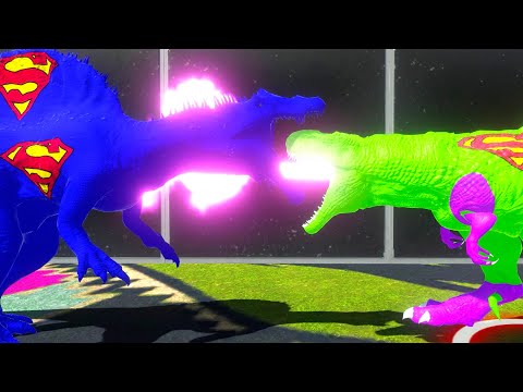 PURPLE PLASMA GREEN SUPERMAN T-REX vs SUPEMAN SPINOSAURUS DEATH FALL- Animal Revolt Battle Simulator