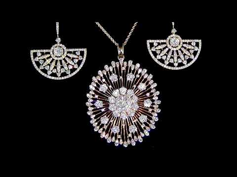 Lady's 18k Rose Gold Cluster Diamond Sunburst Design Pendant and Earrings Set
