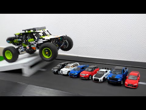 Lego Car Jump over small cars vs Ramps on a treadmill