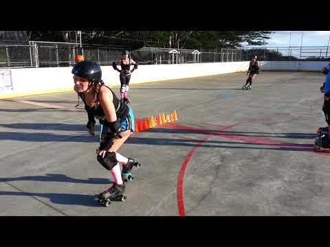 Roller Skating Skills Training Cone Jumping Sideways At Roller Derby Boot Camp with New Recruits