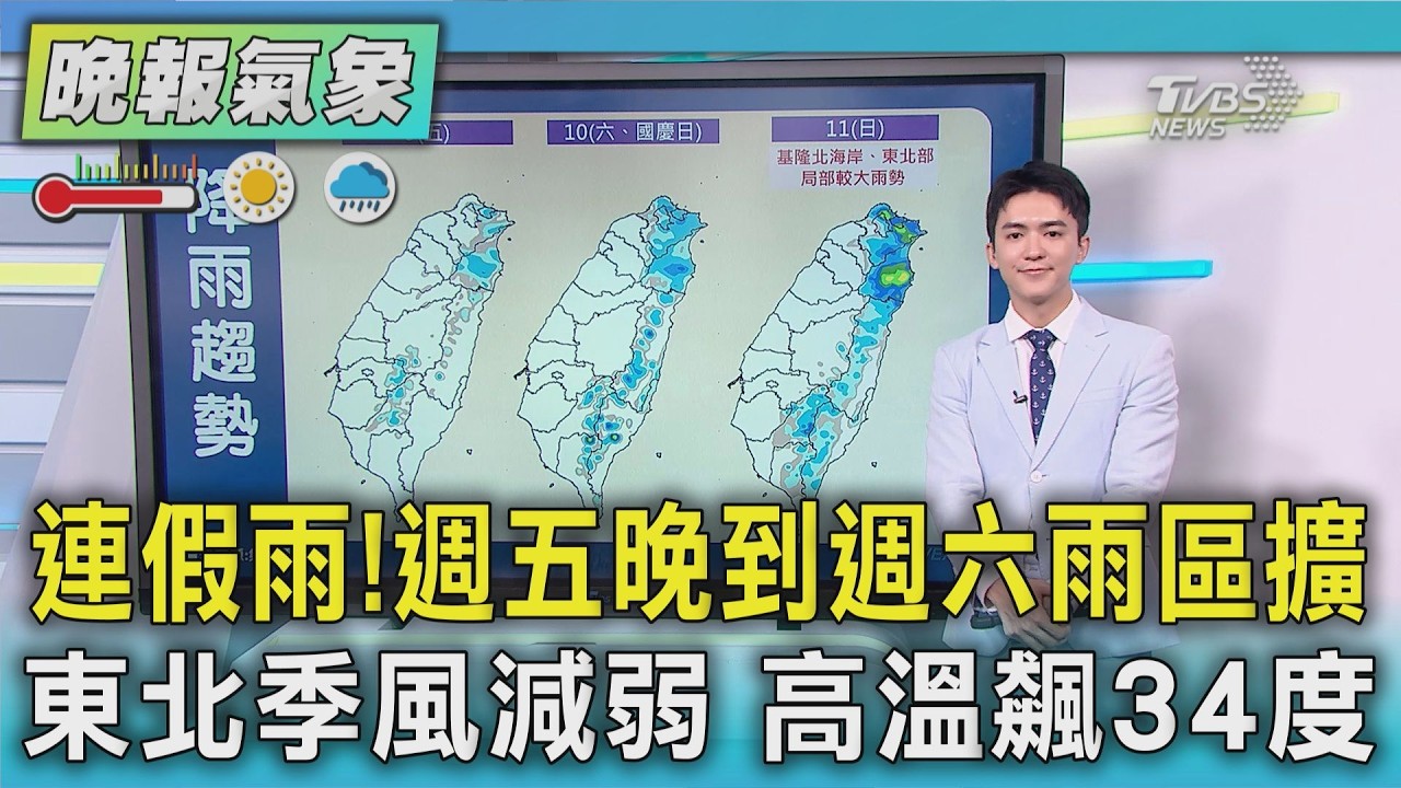 天氣/連假先迎雨! 週五晚到週六白天 北海岸.東北角.宜蘭局部大雨 東北季風減弱 高溫飆34度 @TVBSNEWS01