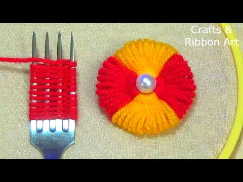 Super Easy Woolen Flower Craft Ideas with Fork - Hand Embroidery Amazing Trick - DIY Woolen Flowers
