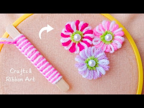 It's so Cute 💖🌟 I Made It with Yarn Using Ice Cream Stick - Super Easy Woolen Flower Making Idea