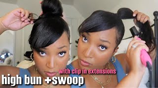 Texturized Natural Hairstyles | High Bun & Swoop Bang with Clip ins