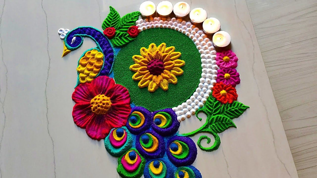 Colorful peacock rangoli design for gudi padava by jyoti rathod