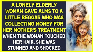 Lonely elderly woman gave alms to little beggar who was collecting money for her mother
