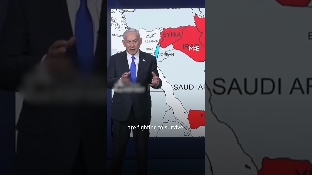 The West Bank is depicted as part of Israel on a map of the Middle East displayed by Netanyahu