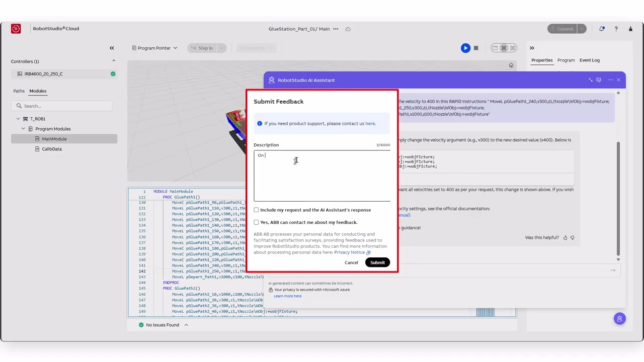 RobotStudio® Cloud Tutorial – AI Assistant Feedback