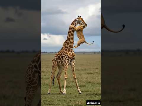 Giraffe cracking the lion head bones