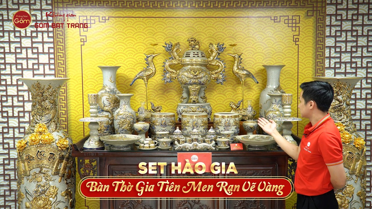 Bộ Đồ Thờ Gia Tiên (Hào Gia 30 Món) Men Rạn Vẽ Vàng