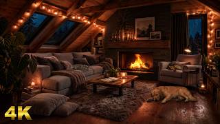 Rainy Night in a Cozy Wooden Attic | Soft Rain on Skylight Windows & Warm Fireplace Ambience 🌧️🔥