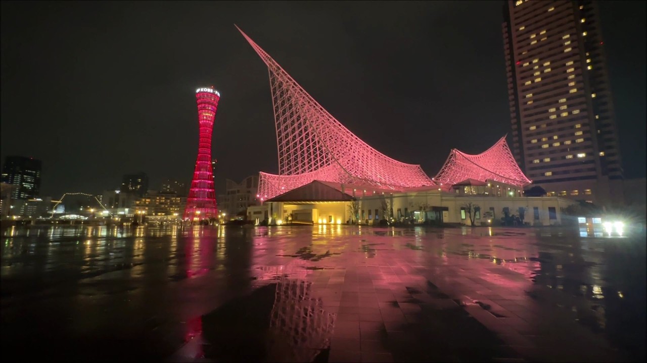 神戸メリケンパーク　夜桜ライトアップと光と音の演出　Cherry blossom illumination and light and sound show at Kobe Meriken Park