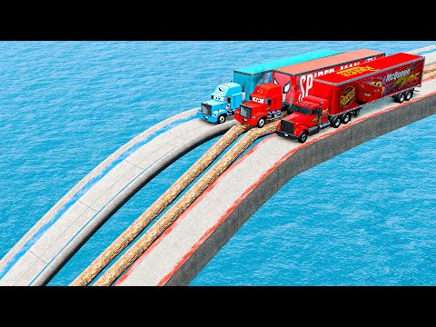 Mack Truck vs King Dinoco Truck vs Spider Man Truck vs Impossible Wave and Log Wave Bridge - BeamNG