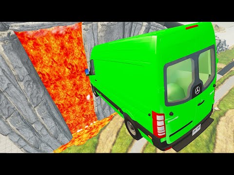 Cars vs Lava Waterfall Monster Truck, School Bus, Camionette – BeamNG.Drive