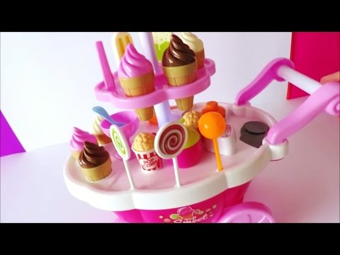 Toy ice cream cart learn colors names of foods lollipop candy chocolate strawberry ice cream kids to