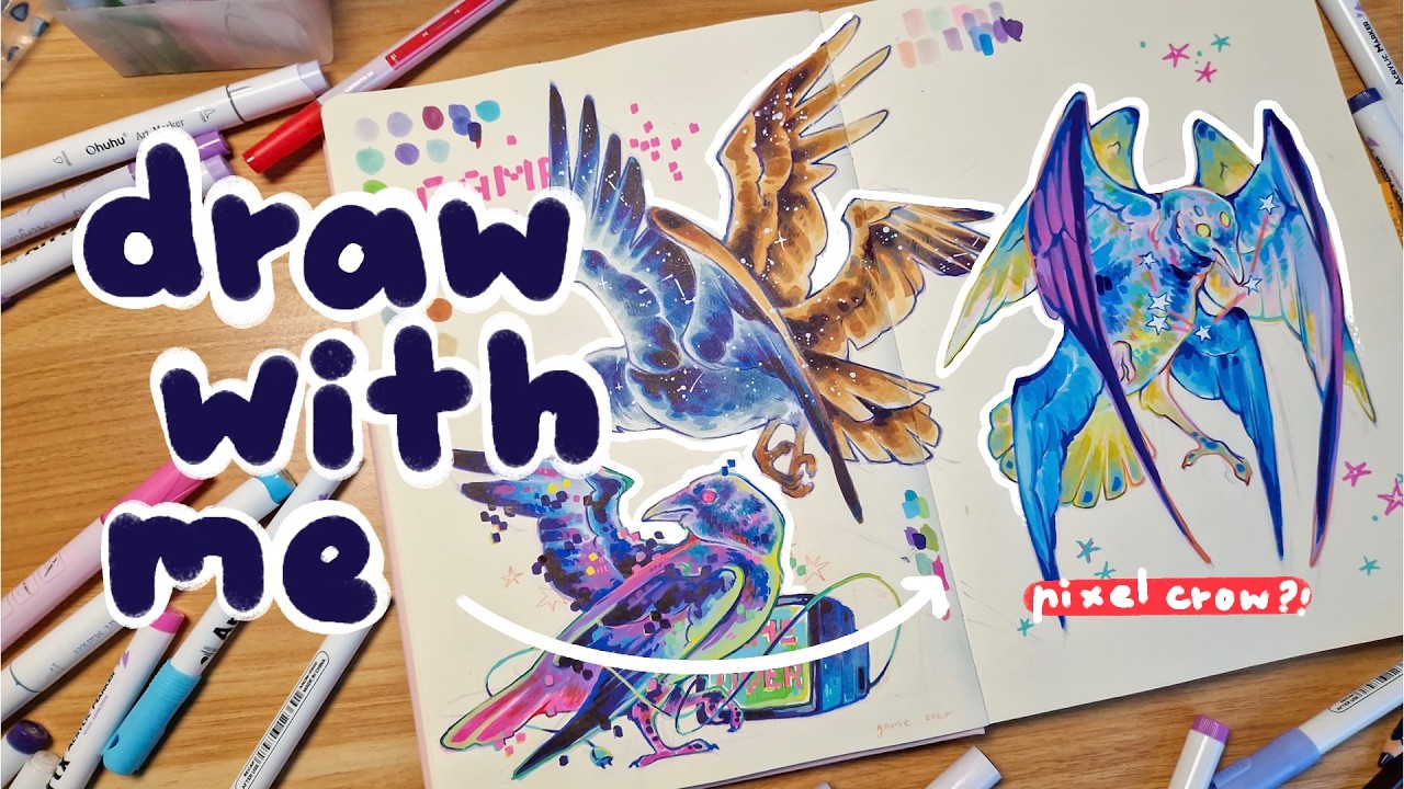 filling a sketchbook spread || pixel inspired and star inspired crows⭐