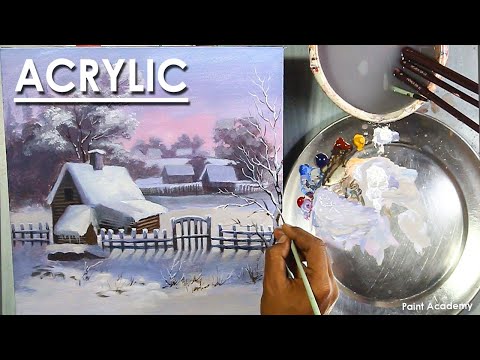 How to Paint Snowy Winter Morning with House Smoke Coming Out of the Chimney in Acrylic