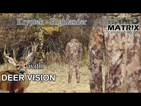 Kryptek Highlander hunting camo in Human and Deer Vision on 14 Backgrounds