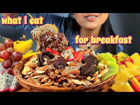 COOKING & EATING OATMEAL BOWL WITH LOTS OF FRUITS, COOKIES, CHOCOLATE | TASTY OATS RECIPE & MUKBANG