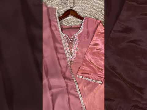 Peach Viscose Tissue Handworked Kurti Set with Organza Dupatta