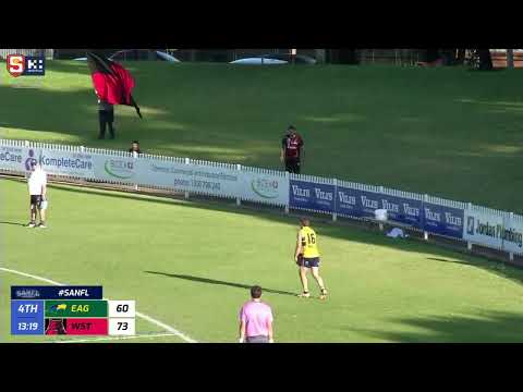 Rd 18 Hostplus SANFL Snapshot - Eagle James Rowe kicks set shot outside boundary line