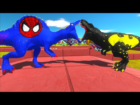 SPIDERMAN SPINOSAURUS vs IRONMAN T-REX vs BATMAN T-REX DEATH RUN - Animal Revolt Battle Simulator