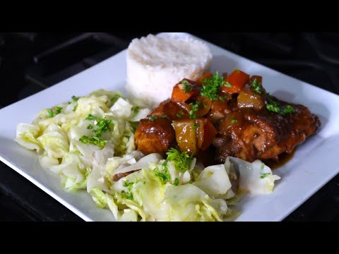 Fricassee Chicken, Garlic Cabbage and White Rice
