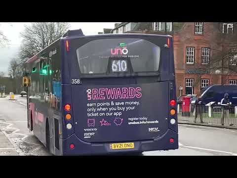 Uno, Volvo B8RLE MCV EVoRa, BV21 ONO Departs Harpenden The George stpD working the 610 toCockfosters