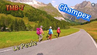 7、TMB第七天，从Le Peule一路下降近1000米到Ferret和La Fouly谷底。沿途经过无数山谷中的瑞士风光小镇。在Issert享用中餐后，爬升500米到达旅游小镇Champex。