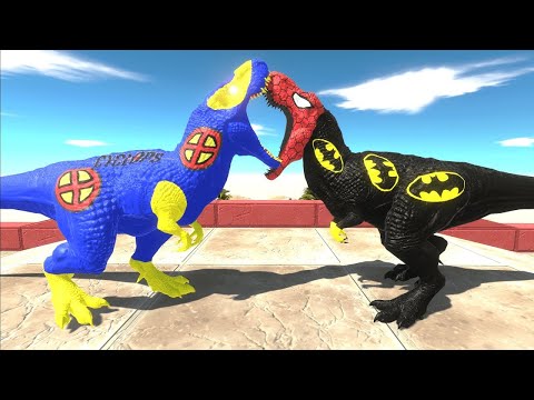 BATSPIDERMAN vs CYCLOPS vs WOLVERINE T-REX ISLAND DEATH RUN - Animal Revolt Battle Simulator