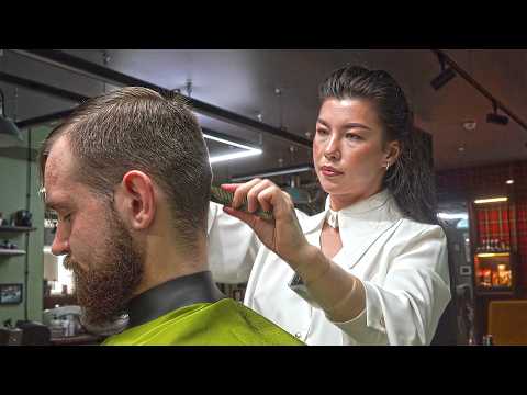 💈(ASMR) Full Service by Beautiful Female Barber: Scissor Haircut, Shave and Shampoo