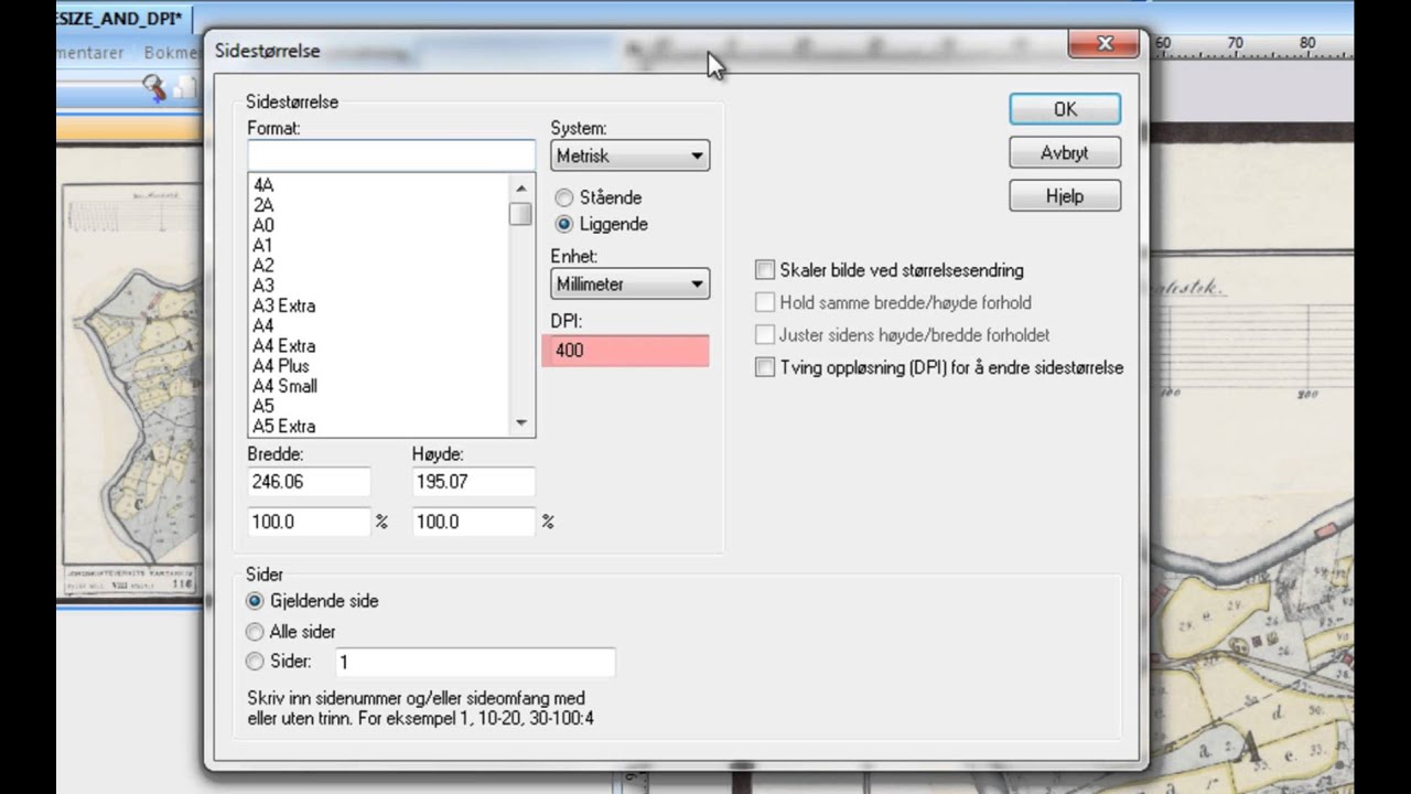 41 Manuell endring av sidestørrelse og oppløsning (DPI)