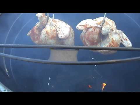 Hanging Chicken in Modified WSM, using Pre Burned Splits of Cherry wood