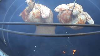 Hanging Chicken in Modified WSM, using Pre Burned Splits of Cherry wood