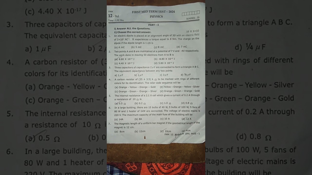 12th physics First mid term question paper-2024 and answer key