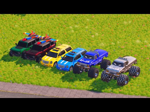 MONSTER TRUCK, SUV JET CAR & POLICE SUV FACE DINO PARK OBSTACLES IN FS22!