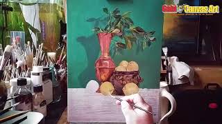 Oil Painting Still Life with Copper vase, lemons and tree twig - Gabriel Barbu