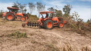 ត្រាក់ទ័ររុញព្រៃ_Kubota M6040su Tractor Pushing Over Tree (Cambodia Farm)