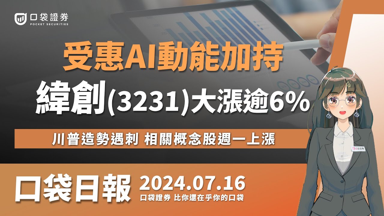 【口袋日報】緯創(3231)大漲逾6%,受惠AI動能加持!川普造勢遇刺,相關概念股週一上漲!2024.07.16