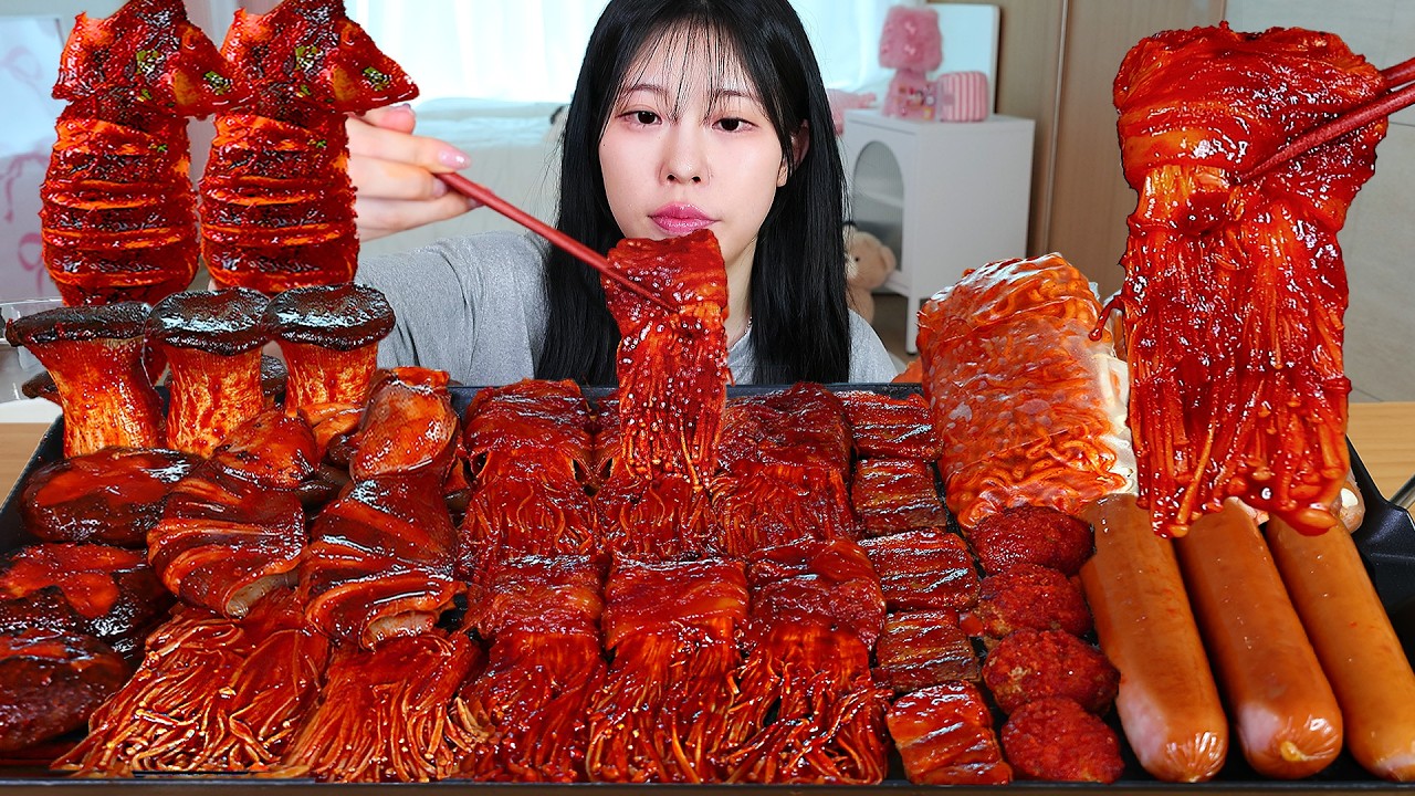 ASMR MUKBANG| 직접 만든 불닭 버섯 불닭쌈 오징어 양념치킨 소세지 먹방 & 레시피 SPICY MUSHROOMS AND FIRE NOODLES EAT