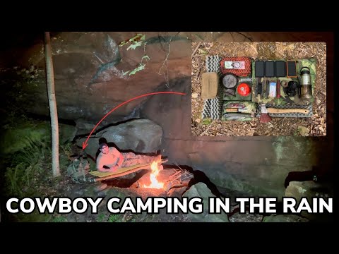 Solo Overnight Cowboy Camping Under a Rocky Overhang During a Rainstorm and Campfire Ravioli