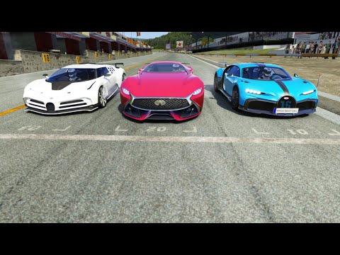Infiniti Concept Vision GT vs Bugatti Centodieci vs Bugatti Chiron Pur Sport at Old Spa