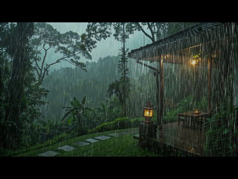 Under the wooden roof in a heavy rain - Night forest rain sounds, rain on peaceful porch