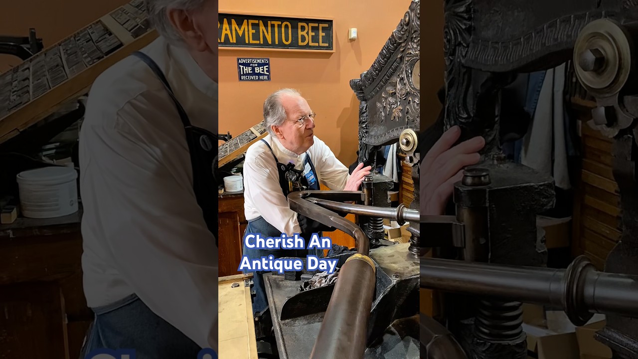 Using an antique press to print an antique woodcut for National Cherish An Antique Day (April 9)