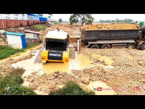 Heavy Shantui Dozer Trapped In Deep Mud & Hyundai Dump Trucks Working Huge Water Area Landfill