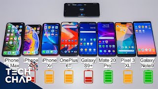 OnePlus 6T vs Mate 20 Pro vs Note9 vs Pixel 3 XL vs iPhone XS / XR BATTERY Test! | The Tech Chap