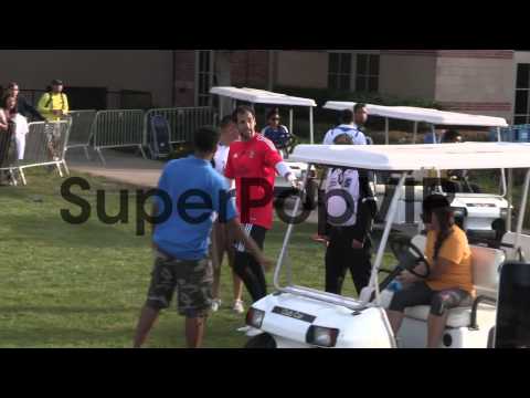 Diego Lopez Rodriguez of Real Madrid greets fans during p...