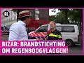 Homohaat A'dam West; brand in flat met regenboogvlaggen