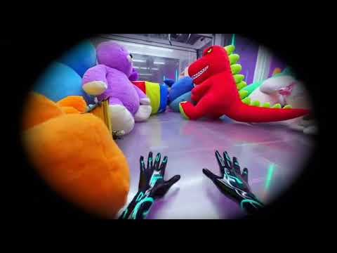 Crawling around inside the "claw game escape room" looking through small eye holes